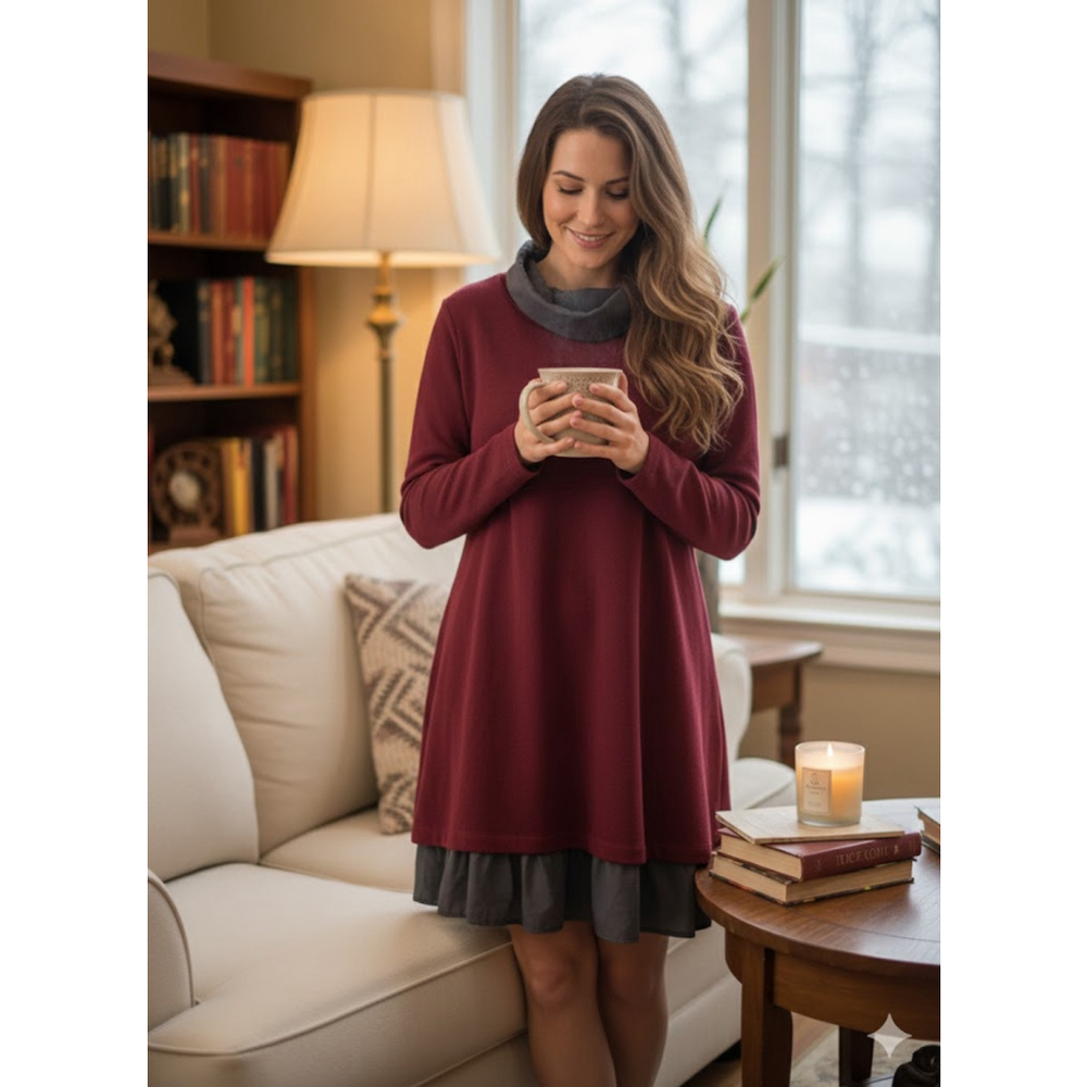 Title: Mordenmiss Women’s Red Knit Long Sleeve Layered Look Tunic Dress with Poc